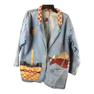 Sun Belt Denim Jean Blazer Barn Jacket Basket Angel Women’s Size L EUC